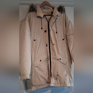 DKNY Tan Down Faux Fur Hooded Puffer Coat/Parka/ Jacket
